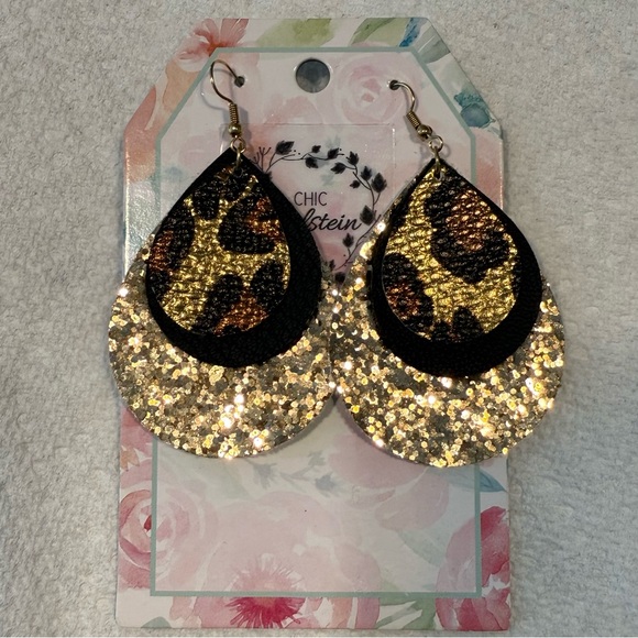 no brand Jewelry - NWT-Gold, Black, and Leopard Teardrop Earrings